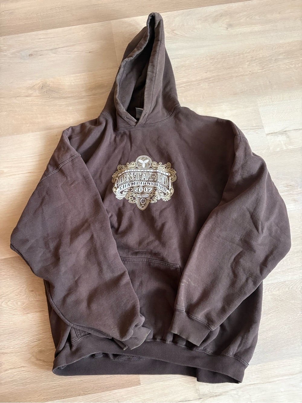 Brown Graphic Hoodie with Decorative Crest